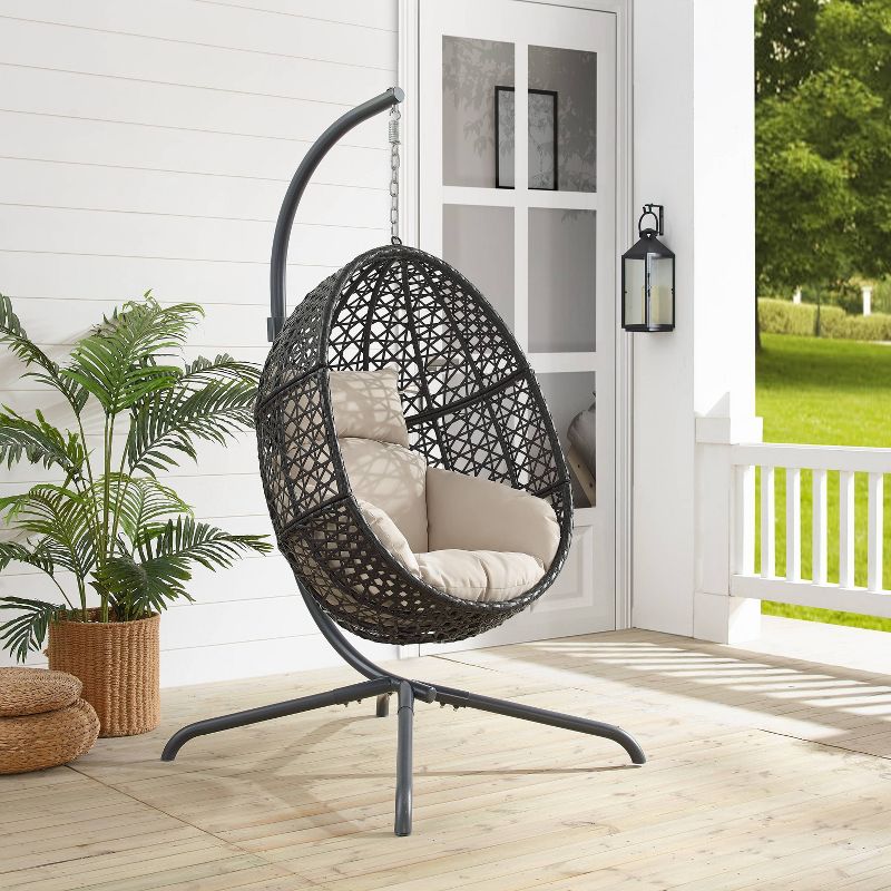 Calliope Indoor/Outdoor Wicker Hanging Egg Chair - Sand/Dark Brown - Crosley, 2 of 15