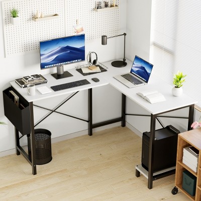 L Shaped Computer Office Desk -Wooden Desktop With Metal Frame,Wooden Table With Cpu Storage Shelf And Side Bag-Cuddlewood