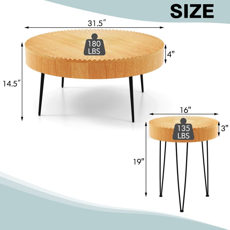 Costway Farmhouse Round Coffee Table Set of 2 End Table Natural Finish for Living Room, 3 of 11