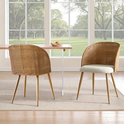 Rattan Curved Back Dining Chairs Set Of 6,Modern Armless Linen Upholstered Cane Dining Chair,Double Layer Rattan Back Side Chairs-Cuddlewood