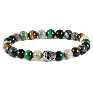 Crucible Men's Skull with Onyx, Labradorite, Moss Agate and Tiger Eye Stones Stretch Bracelet (8mm) - 1 of 4