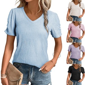 Women’s V-Neck Waisted Dress with Lotus Sleeves and Irregular Hem Dress - 1 of 4
