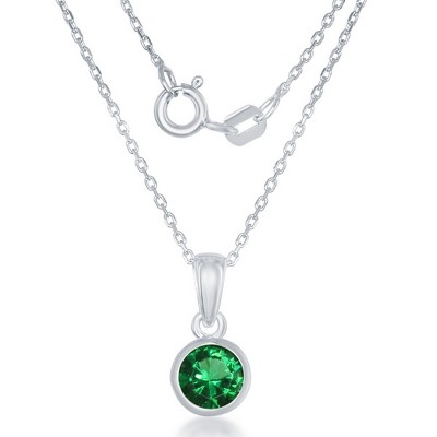 Bella Silver Sterling Silver, "May" Bezel Set 18" Pendant Necklace  - Created Emerald - Green