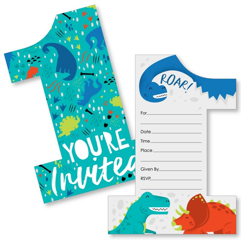 Big Dot of Happiness 1st Birthday Roar Dinosaur - Shaped Fill-In Invites ONEasaurus Dino First Birthday Party Invitation Cards with Envelopes - 12 Ct, 1 of 8