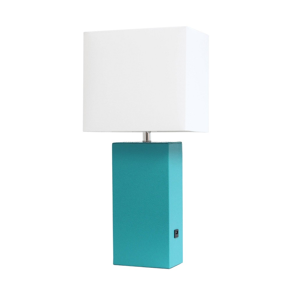 Photos - Floodlight / Garden Lamps Modern Leather Table Lamp with USB and Fabric Shade Teal - Elegant Designs
