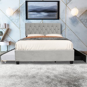 Queen Size Velvet Upholstered Platform Bed with a Twin Size Trundle and Two Pull Out Drawers, 4Q-ModernLuxe - 1 of 4