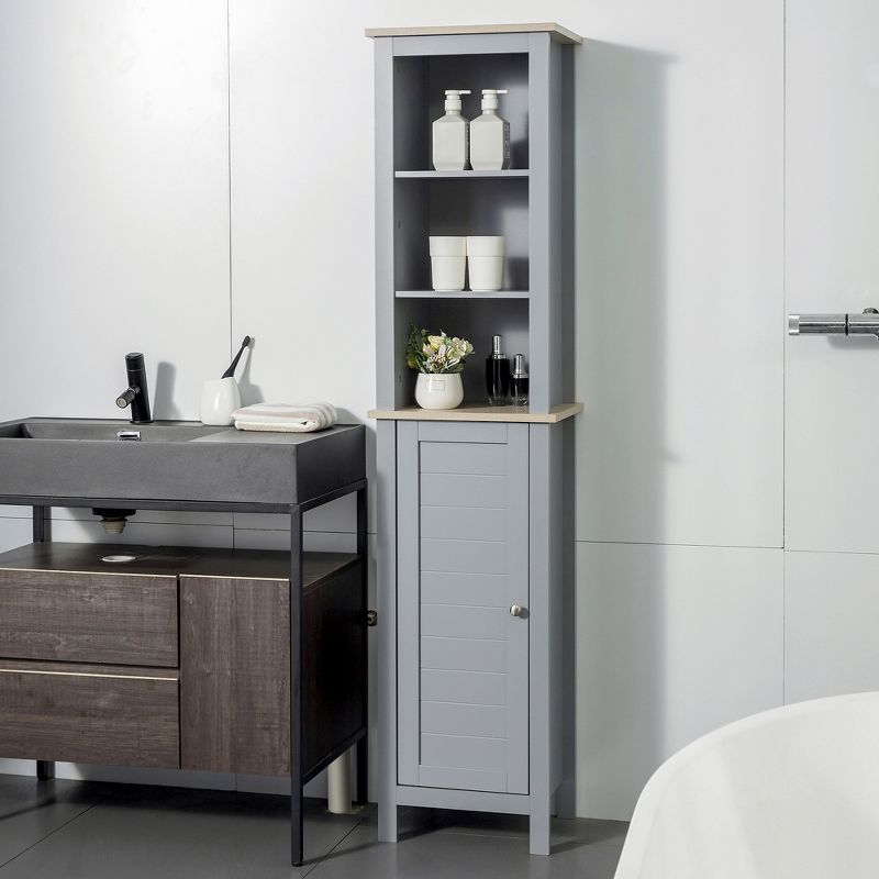 kleankin Tall Bathroom Storage Cabinet with 3 Tier Shelf, Cupboard, Door, Free Standing Linen Tower, Slim Side Organizer, Gray, 2 of 7