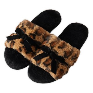 Roxoni Women’s Fuzzy Leopard Print Slippers with Bow – Cozy Plush Indoor House Slides, Soft Memory Foam, Non-Slip Sole Pink X - 1 of 4