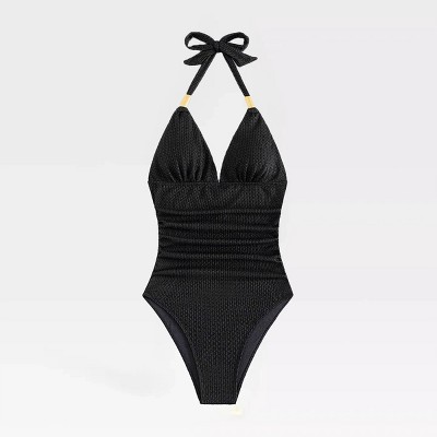 Womens One Piece Swimsuits Halter Neck Tummy Control Swimsuit Open Back Cheeky Bathing Suits Woven Textured Swimwear