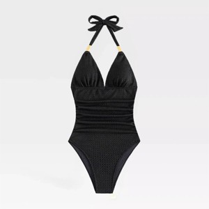 Womens One Piece Swimsuits Halter Neck Tummy Control Swimsuit Open Back Cheeky Bathing Suits Woven Textured Swimwear - 1 of 4