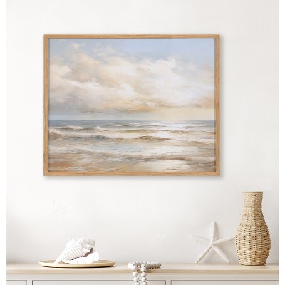 Natural Wood Framed Beach Waves Sunset Landscape Print