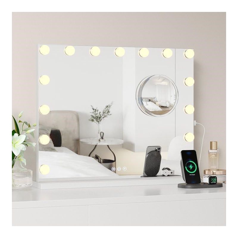 Whizmax New Vanity Mirror inch with Lights with USB Charging Port, Makeup Mirror with 15 LED Bulbs, 3 Colors Modes, Metal Frame, White, 2 of 8