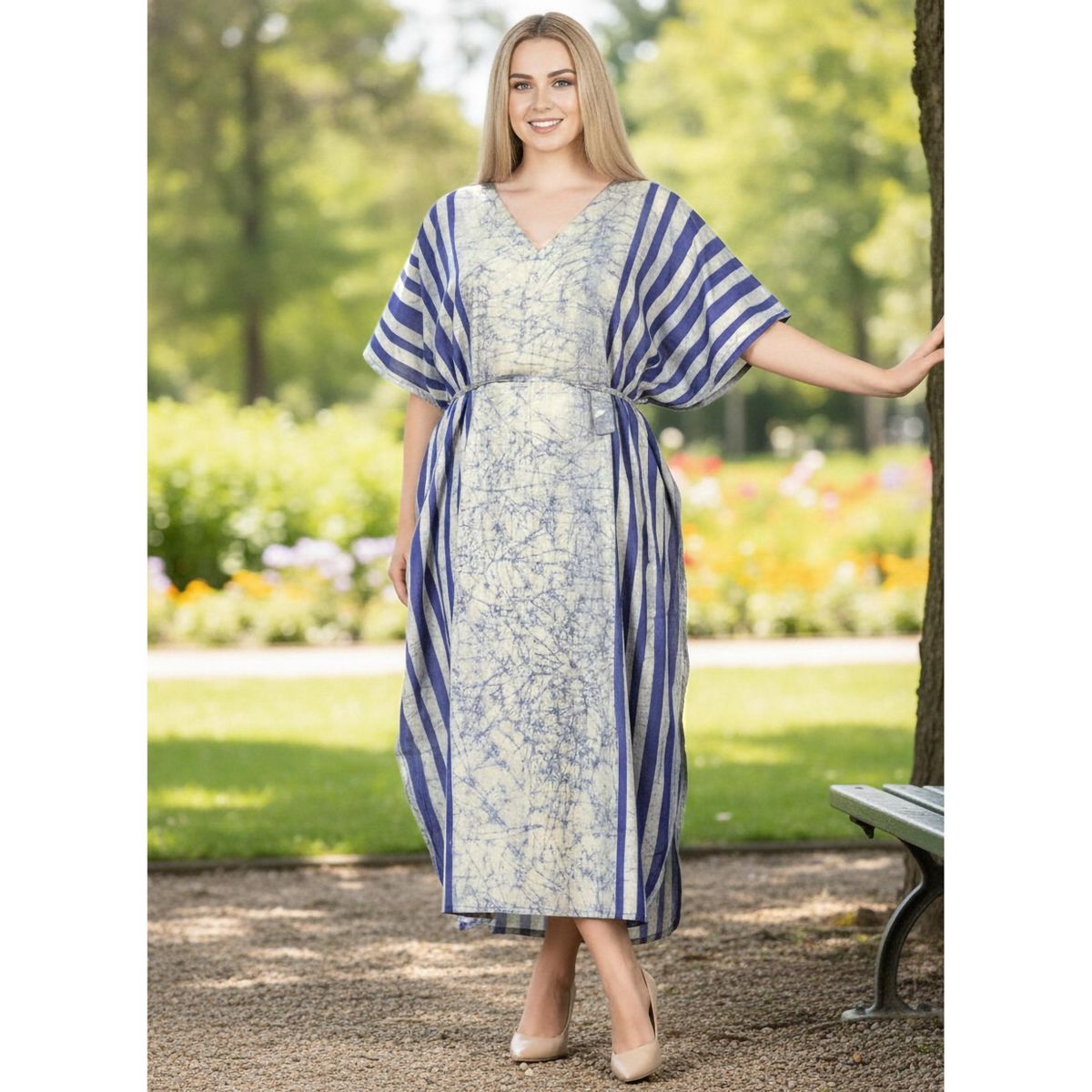 LA LEELA Summer Cotton Vacation Ready Caftan Dress for Women Resortwear Cruise Holiday Travel Loungewear Style 2X-3X Blue Stripe - thumbnail 3