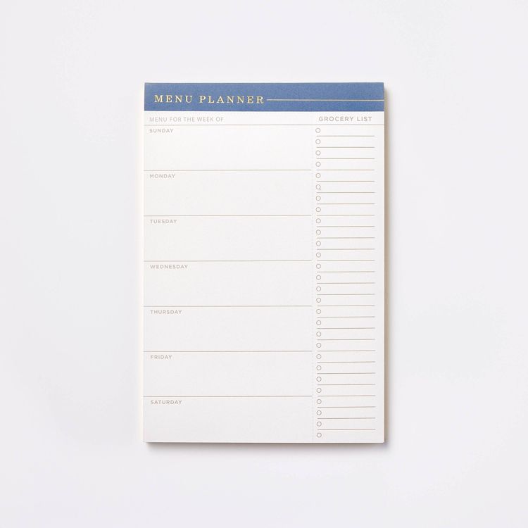 A menu planner with a blue header labeled "Menu Planner" and sections for each day of the week alongside a grocery list column.