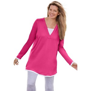 Woman Within Plus Size Long-Sleeve Layered-Look V-Neckline Tunic - 1 of 4