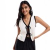 Coolmee Women Sweater Vest Tie Front Color Block Ribbed Knit Coat - 3 of 4