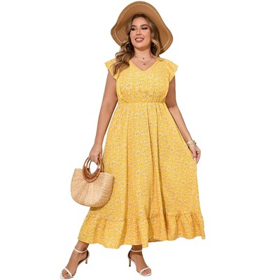 Clearlove Women's Summer Plus Size Dress Ruffle Cap Sleeveless V Neck Side Split Long Beach Maxi Dress