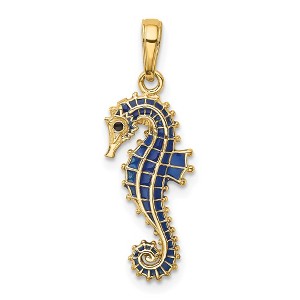 Black Bow Jewelry 14k Yellow Gold Blue Enameled Seahorse Pendant - 1 of 4