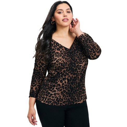 Avenue Women's Plus Size Naomi Print V Neck Gathered Sleeve Top - image 1 of 4