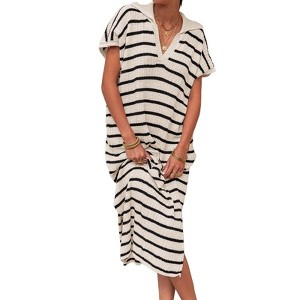 Imily Bela Women's striped dress, striped dress, short-sleeve V-neck knit dress, sexy slit, loose long collared sweater dress - 1 of 4