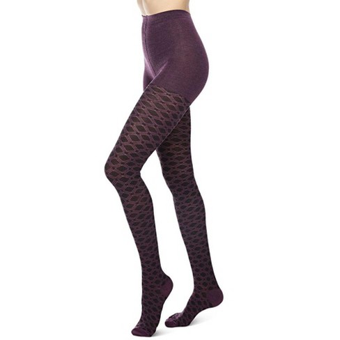 Memoi Diamond Patterned Cotton Blend Sweater Tights Grape Heather M L