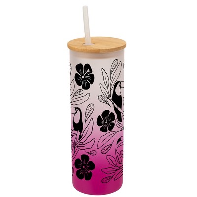 Elanze Designs Tropical Tucan Bird Flower Garden Wrap-Around Design 25 Ounce Frosted Gradient Glass On-The-Go Coffee Travel Skinny Tumbler Mug Cup,
