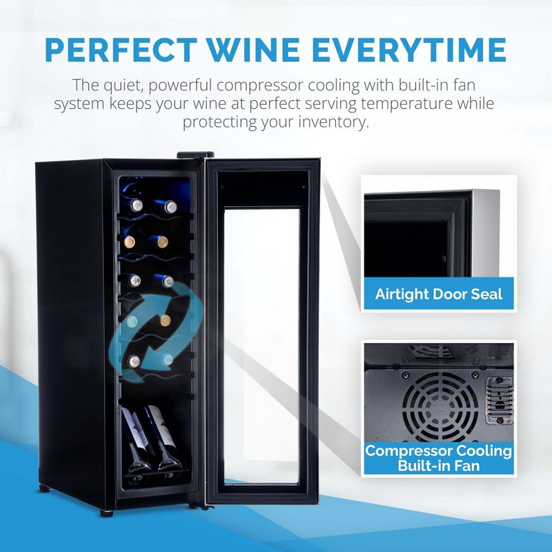Newair 12 Bottle Wine Cooler Refrigerator, Freestanding Wine Fridge with Stainless Steel & Double-Layer Tempered Glass Door, Quiet Compressor Cooling, 3 of 17