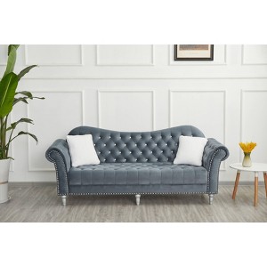 Velvet Rolled Arm Chesterfield Loveseat Sofa with Two Pillow,Tufted for Office Home - 1 of 4