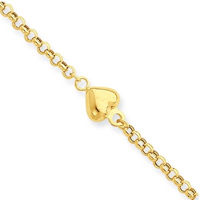 Black Bow Jewelry 14k Yellow Gold Puff Heart Anklet, 9-10 Inch