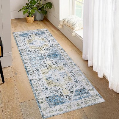 Runner Rug Kitchen Hallway Entryway – Vintage Floral Oriental Design Non-Slip Stain Resistant Low Pile Floor Covering