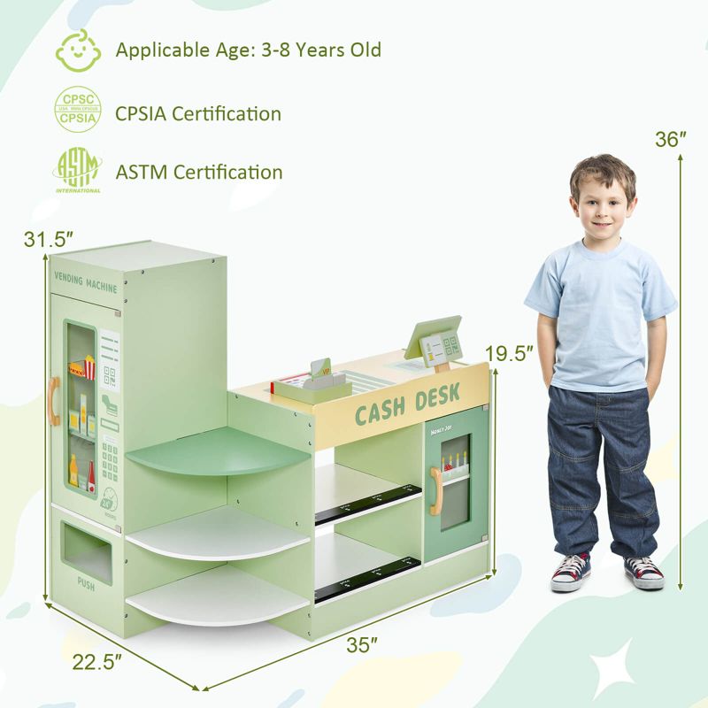 Costway Wooden Supermarket Play Toy Set Kids Grocery Store Playset with Checkout Counter, 3 of 11