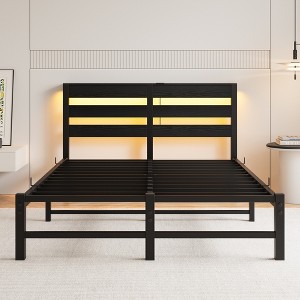 APRILSOUL  Metal Bed Frame with Wooden Headboard,  Storage Shelf, Noise-Free, No Box Spring Needed - 1 of 4