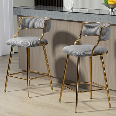 SET of 2 26'' Counter height bar stools Corduroy kitchen island counter bar stool with back,golden chromed base and footrest