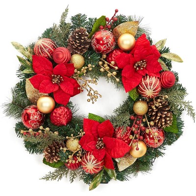 24 Inch Christmas Wreath for Front Door, Large Lighted Outdoor Xmas Wreath with 20 LED Lights Red Gold Xmas Balls for Fireplace Window Wall Decor