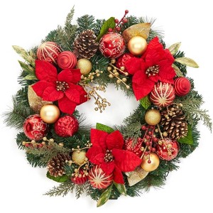 24 Inch Christmas Wreath for Front Door, Large Lighted Outdoor Xmas Wreath with 20 LED Lights Red Gold Xmas Balls for Fireplace Window Wall Decor - 1 of 4