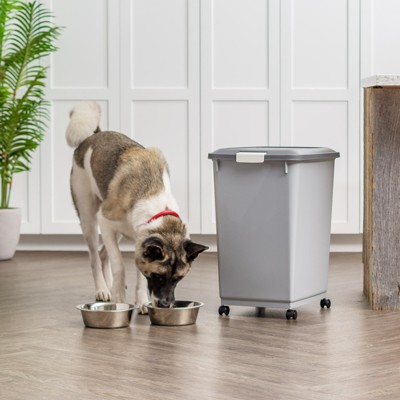 Gray and Dark Gray Airtight Plastic Pet Food Storage Bin with Wheels