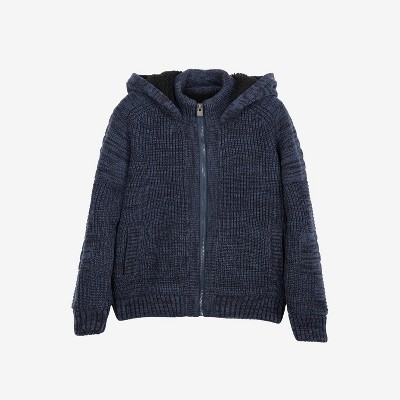 X RAY Boy's Full Zip Faux Shearling Hood Moto Arm Piece Sweater