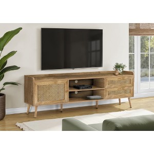 72" Wood Leg TV Stand with Storage Cabinet, Media Entertainment Center with Walnut Laminate, Rattan-Panel Drawers, and Open Shelf - 1 of 4
