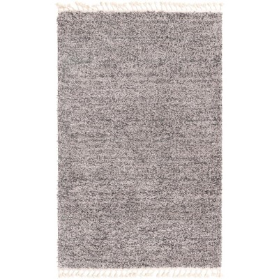Gray Geometric Shag Synthetic Rectangular Area Rug with Braided Fringe
