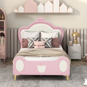 DOMETOUR Twin Size Princess Bed with Crown Headboard, PU Upholstered Platform Bed, Bed-End Storage Pocket, No Box Spring Needed, Easy Assembly, Pink - 1 of 4