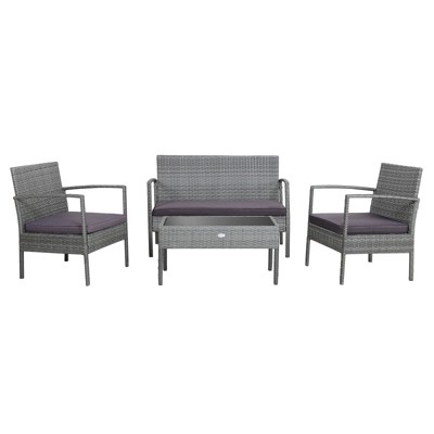Tangkula Patio Rattan 4PCS/8PCS Cushioned Chair Side Table Classic Furniture Set Bistro Set Single Sofa Thick Cushion Loveseat for Garden Grey