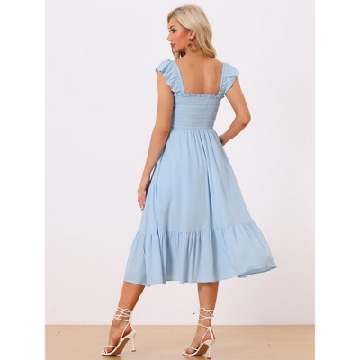 Женские платья INSPIRE CHIC Women's Boho Square Neck Ruffle Trim Flowy Smocked Midi Sundresses Large Light Blue — фото 3