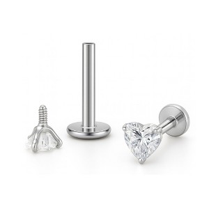 Small Heart Solitaire Flat Back Stud Earrings Body Piercings by Ginger Lyne 2 Sets 3mm CZ Stainless Steel 16g 6mm and 8mm Lengths - 1 of 4