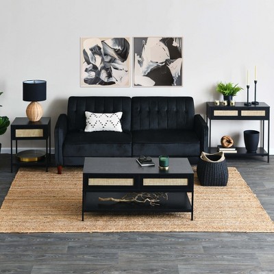 Black Oak Rectangular Coffee Table with Rattan Drawers and Metal Accents