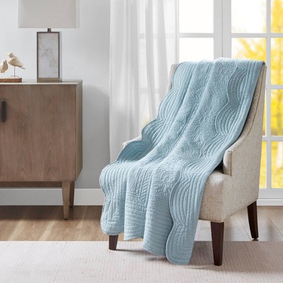 Oversized Blue Cotton Fill Quilted Throw with Scalloped Edges