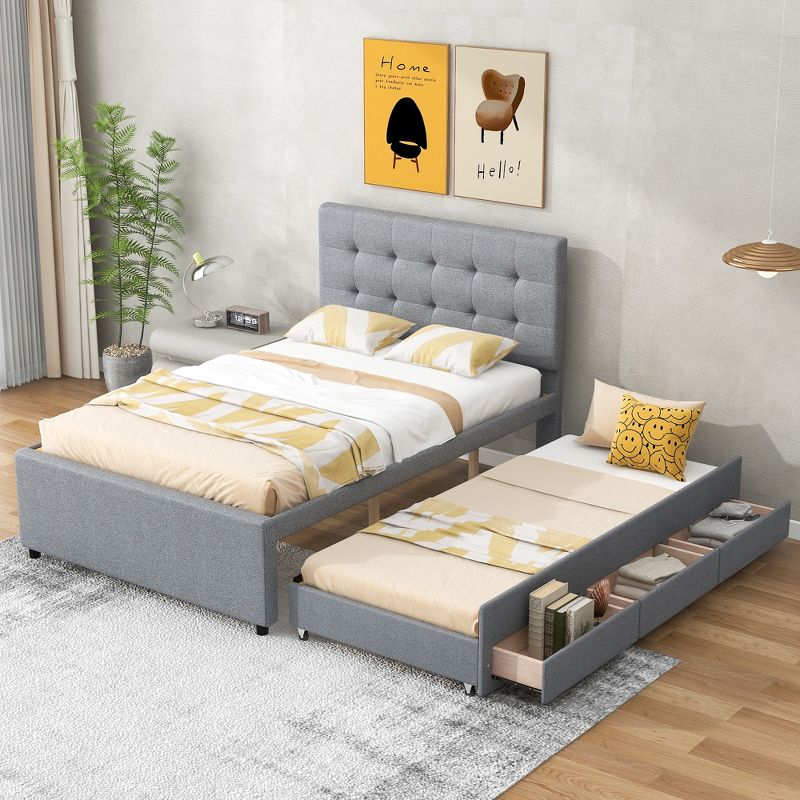 Upholstered Platform Bed with Pull-out Twin Size Trundle Bed and 3 Drawers-ModernLuxe, 1 of 14