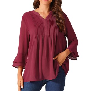 Seta T Women's V Neck Solid Pintuck Double Ruffle 3/4 Sleeve Lightweight Casual Top - 1 of 4