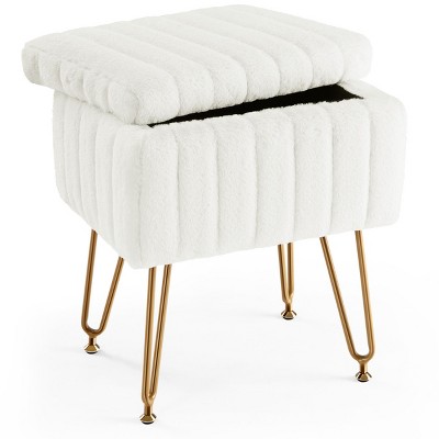 FURNIinspire Ottomans And Benches Vanity Stool Chair Storage Ottoman Faux Fur Soft Padded Makeup Footstools Seat, White, 16"*12.2"*19.8"