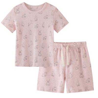 Owlivia Organic Cotton Girl's Short Sleeve Pajama Sets, Baby Summer 2Pc Sleepwear - Pink Rabbit