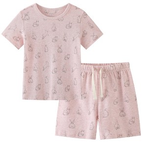 Owlivia Organic Cotton Girl's Short Sleeve Pajama Sets, Baby Summer 2Pc Sleepwear - Pink Rabbit - 1 of 4